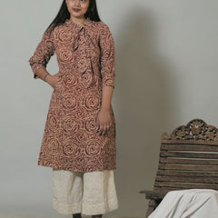 Hand Block Printed Side Collar With Bow Short Office Wear Kurta
