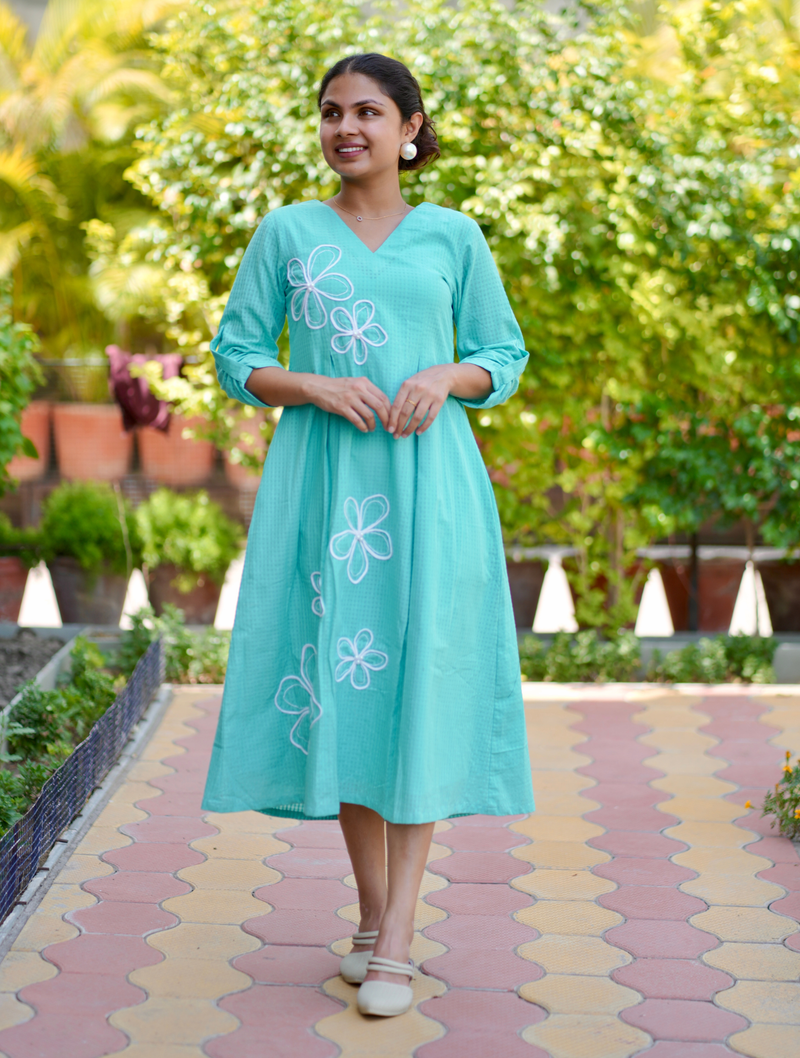 Mint Bloom Gingham Cotton Dress