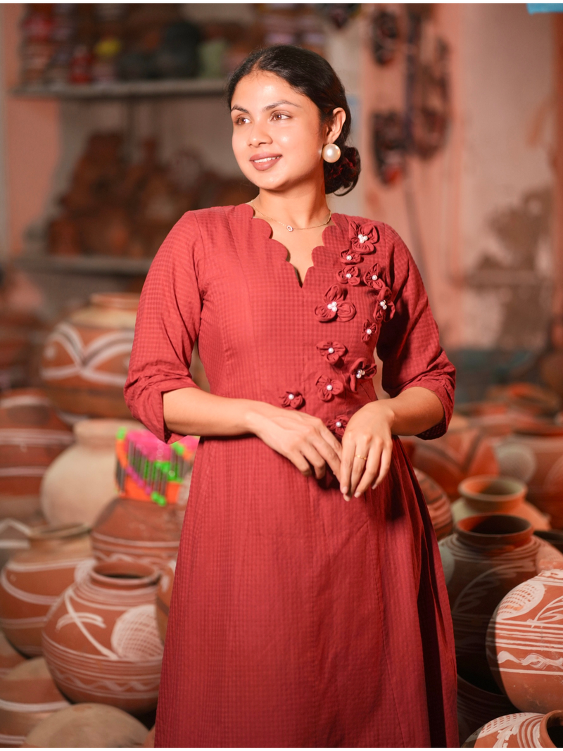 Brick Red Floral Appliqué A-Line Midi Dress for Women