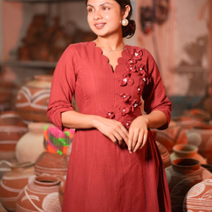 Brick Red Floral Appliqué A-Line Midi Dress for Women