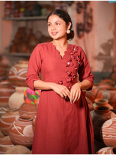 Brick Red Floral Appliqué A-Line Midi Dress for Women