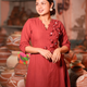Brick Red Floral Appliqué A-Line Midi Dress for Women