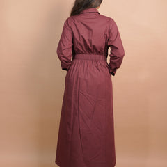 Wine A-line maxi dress for women with belt, shirt collar neck, full sleeves, and elegant formal wear styling.