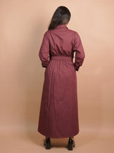 Wine A-line maxi dress for women with belt, shirt collar neck, full sleeves, and elegant formal wear styling.