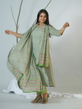 Sanganeri Hand Block Printed Box pleated Kurta Dupatta set Embellished With Hand Embroidery