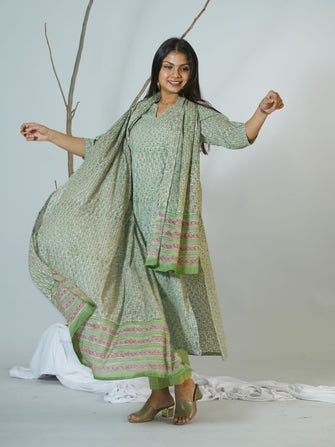 Falguni Sanganeri Hand Block Printed Box pleated Kurta Dupatta set Embellished With Hand Embroidery