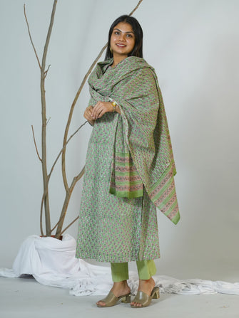 Sanganeri Hand Block Printed Box pleated Kurta Dupatta set Embellished With Hand Embroidery