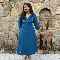 Blue wings Hand Embroidered Cotton Flax Dress (Pre-LAunch)