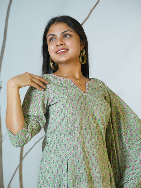 Falguni Sanganeri Hand Block Printed Box pleated Kurta with Dupatta