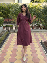 Wings In Wine Hand Embroidery Cotton Flax Dress