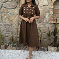 Chestnut Charm Hand Embroidered Cotton Flax Dress (Pre-LAunch)