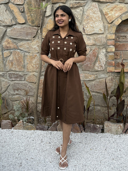 Chestnut Charm Hand Embroidered Cotton Flax Dress (Pre-LAunch)