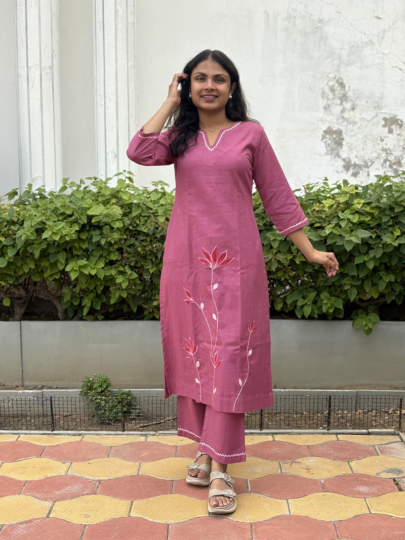 Pink Floral Embroidered Kurti With Pants