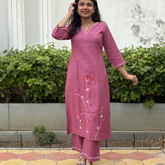 Pink Floral Embroidered Kurti With Pants