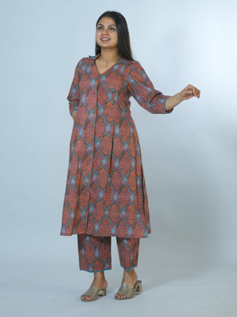 Box Pleated Cotton Kurta pant Set Embellished With Hand Embroidery