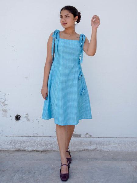 Neelara Gingham Cotton Flora Aqua Dress