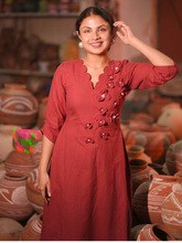 Brick Red Floral Appliqué A-Line Midi Dress for Women