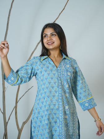 Snaganeri Hand Block Printed Collared Kurta With Embroidery Details