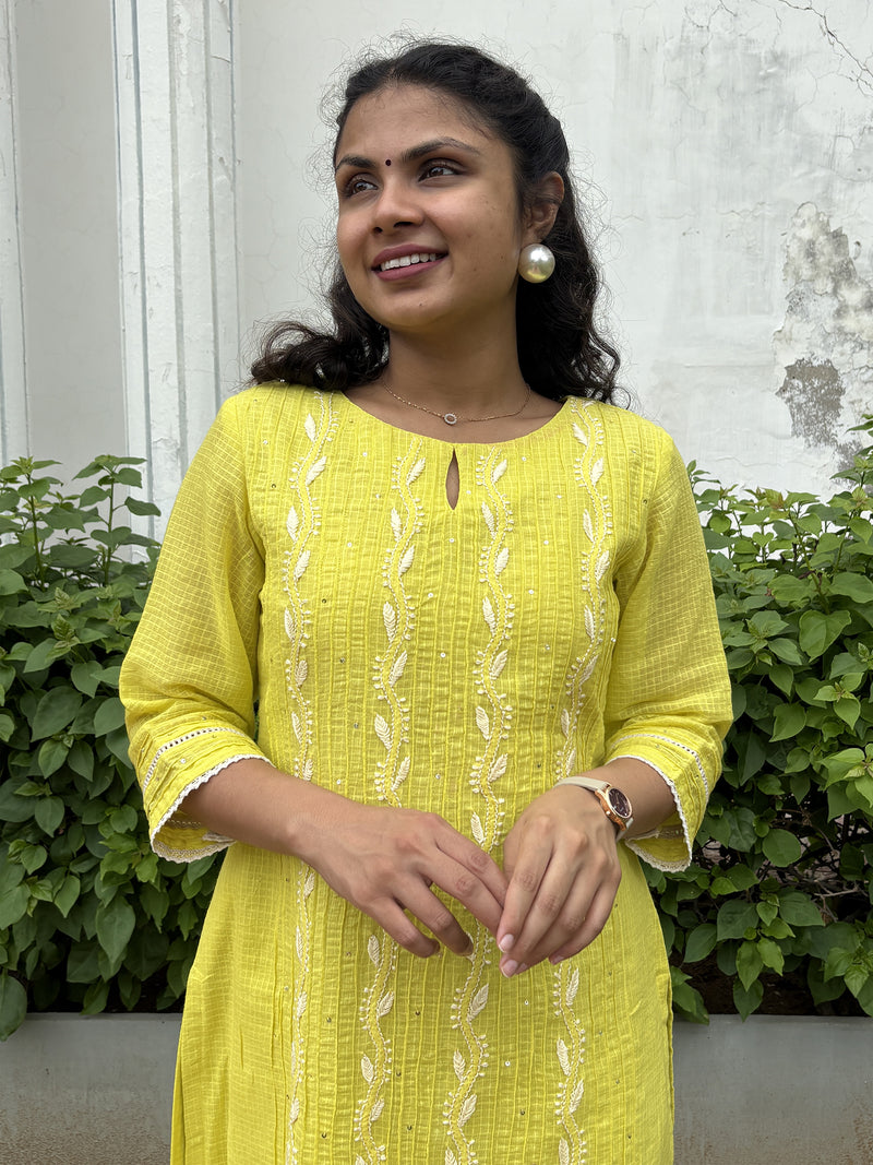 Vibrant Lemon Yellow Kota Doriya Kurta Set