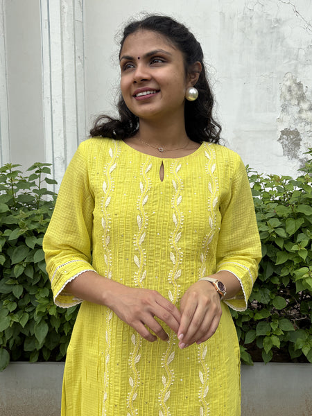 Vibrant Lemon Yellow Kota Doriya Kurta Set