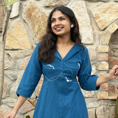 Blue wings Hand Embroidered Cotton Flax Dress (Pre-LAunch)