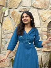 Blue wings Hand Embroidered Cotton Flax Dress (Pre-LAunch)