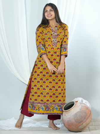 Manah Hand Block Printed Mul Kurta With Hand Embroidery Details