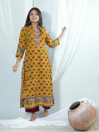 Manah Hand Block Printed Mul Kurta With Hand Embroidery Details