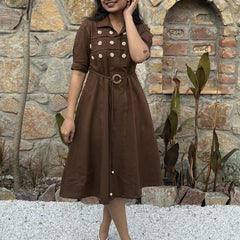 Chestnut Charm Hand Embroidered Cotton Flax Dress (Pre-LAunch)