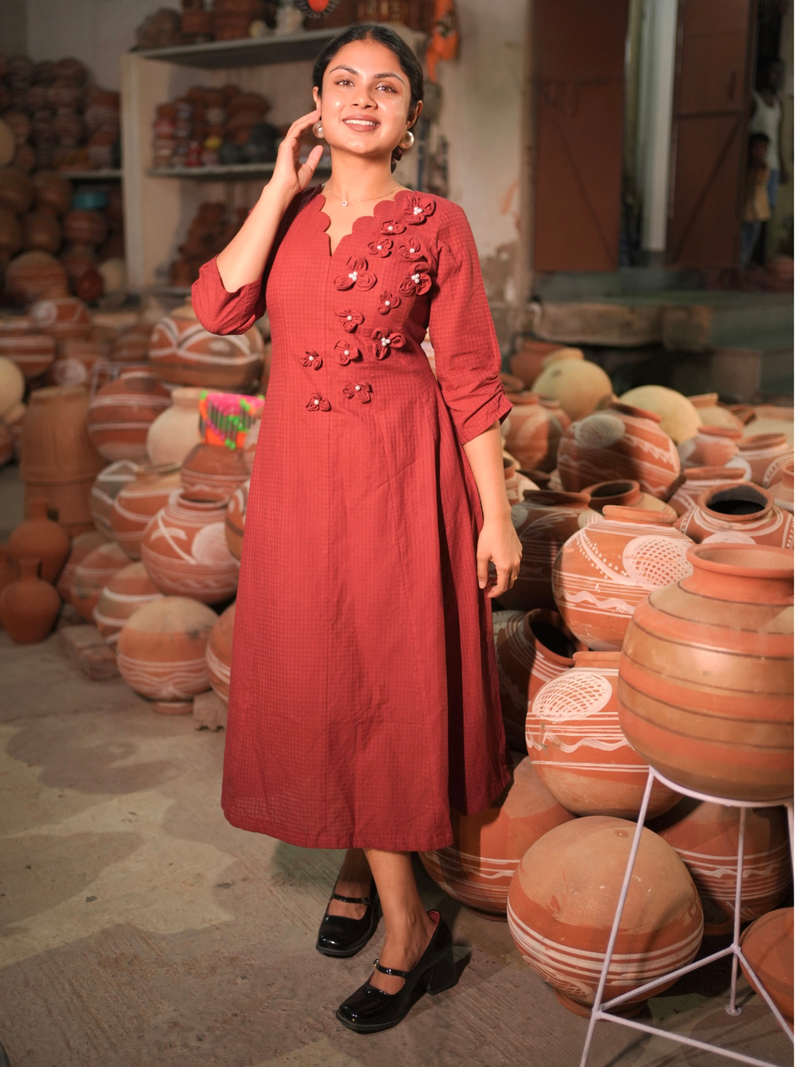 Brick Red Floral Appliqué A-Line Midi Dress for Women
