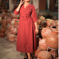 Brick Red Floral Appliqué A-Line Midi Dress for Women
