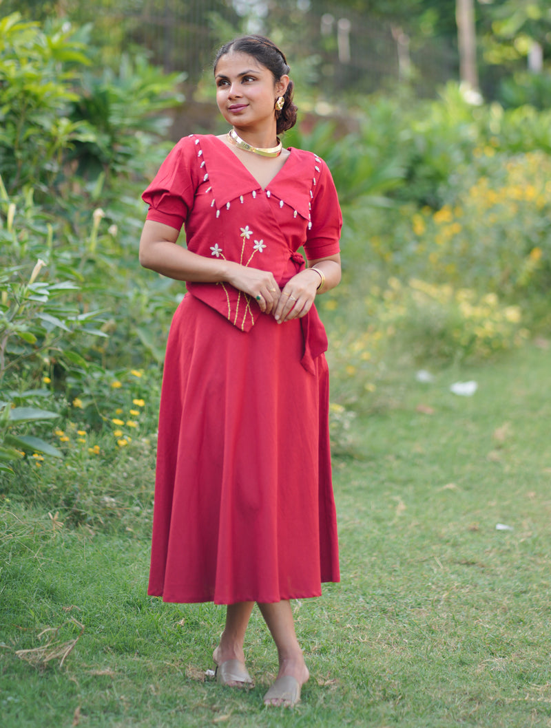 Aarohi Cotton Flax Skirt Top Set | Shell Embellished Wrap Top