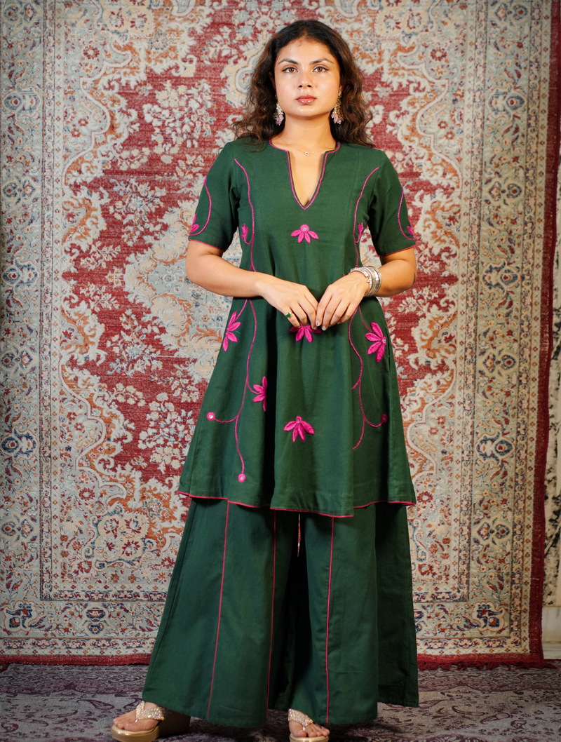 LEHER-Emerald Green Handcrafted Floral Dress cum Kurta Pant Set