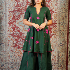 LEHER-Emerald Green Handcrafted Floral Dress cum Kurta Pant Set