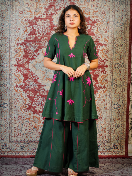 LEHER-Emerald Green Handcrafted Floral Dress cum Kurta Pant Set