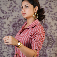 Rangrez Rose Stripe Cotton Maxi Dress with Ruched Sleeves