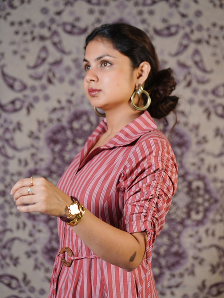 Rangrez Rose Stripe Cotton Maxi Dress with Ruched Sleeves