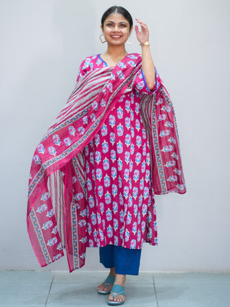 Buta Printed Hand Embroidered Kurta Dupatta Set