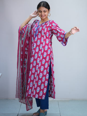 Buta Printed Hand Embroidered Kurta Dupatta Set