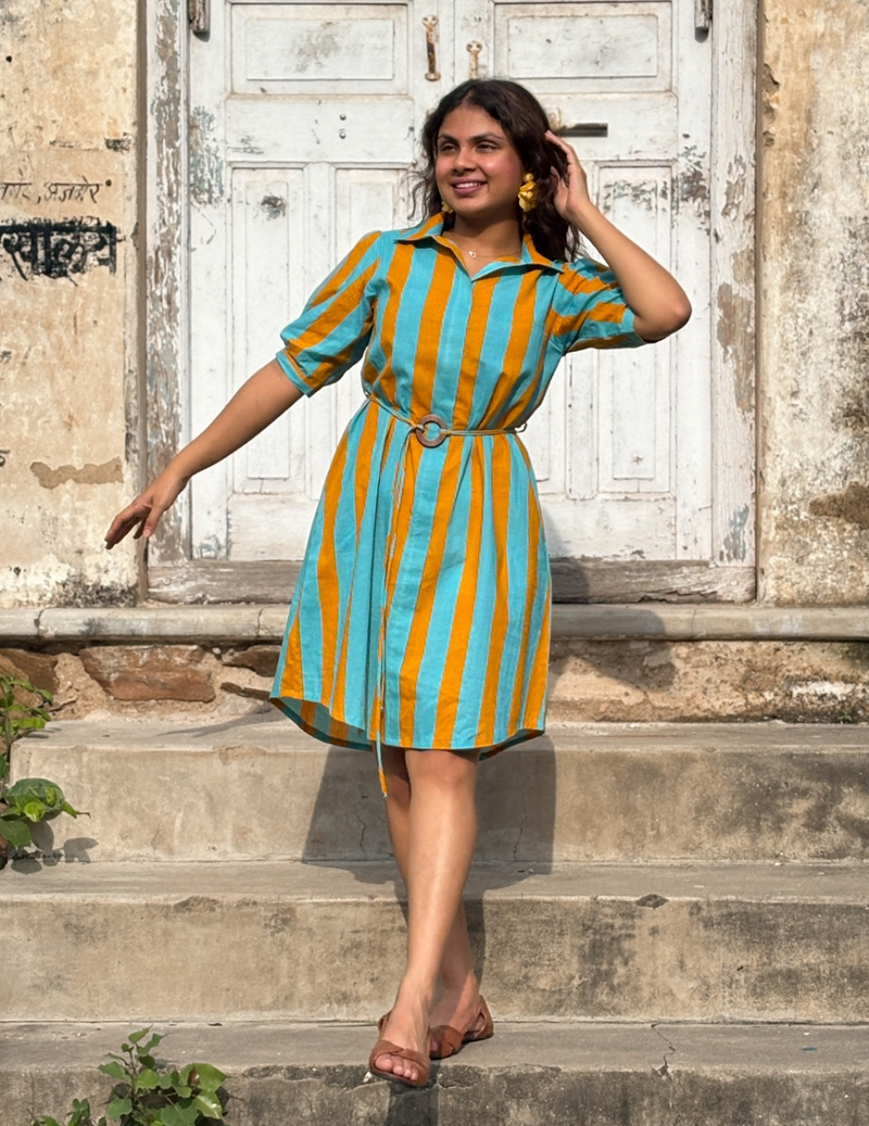 Turquoise Mustard Stripe Shirt Dress