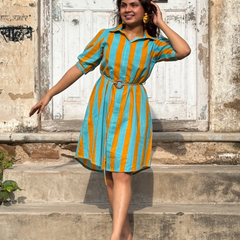 Turquoise Mustard Stripe Shirt Dress