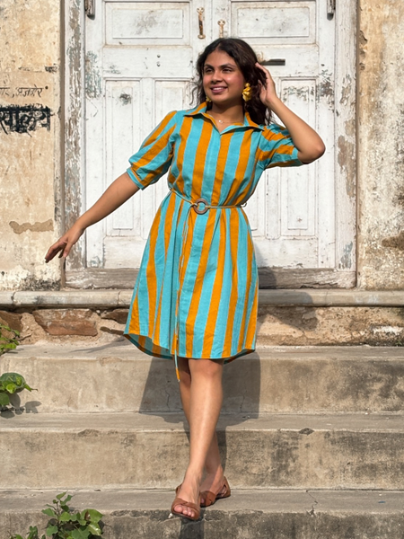 Turquoise Mustard Stripe Shirt Dress
