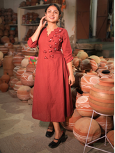 Brick Red Floral Appliqué A-Line Midi Dress for Women