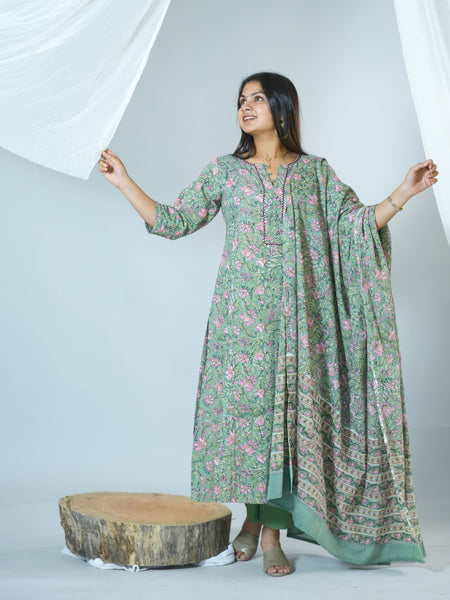 Sanganeri Hand Block Printed Pleated Kurta With Dupatta