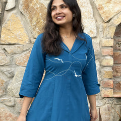 Blue wings Hand Embroidered Cotton Flax Dress (Pre-LAunch)