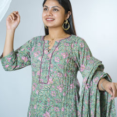 Sanganeri Hand Block Printed Pleated Kurta With Dupatta