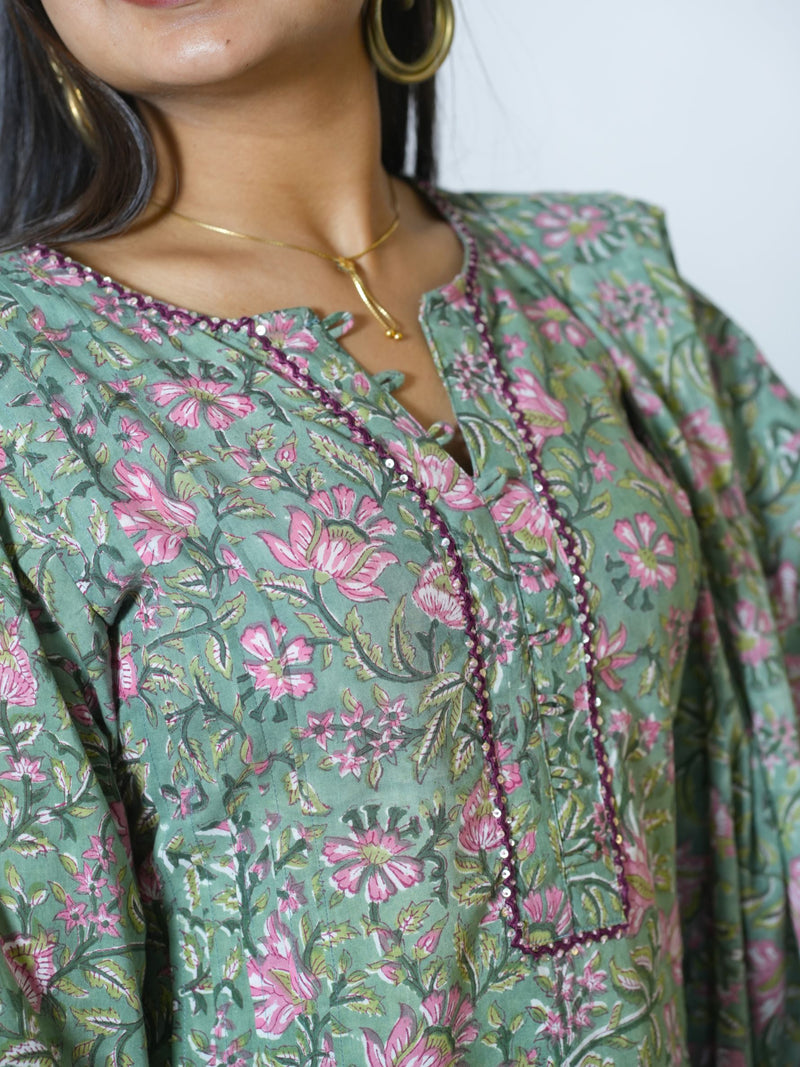 Sanganeri Hand Block Printed Pleated Kurta With Dupatta