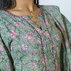 Sanganeri Hand Block Printed Pleated Kurta With Dupatta