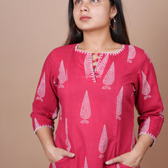 Red Dabu Print With Neck And Sleeve Detailing Kurta Pant