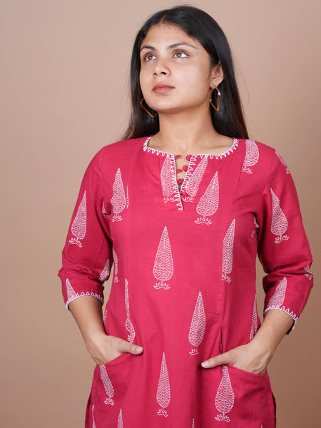 Red Dabu Print With Neck And Sleeve Detailing Kurta Pant